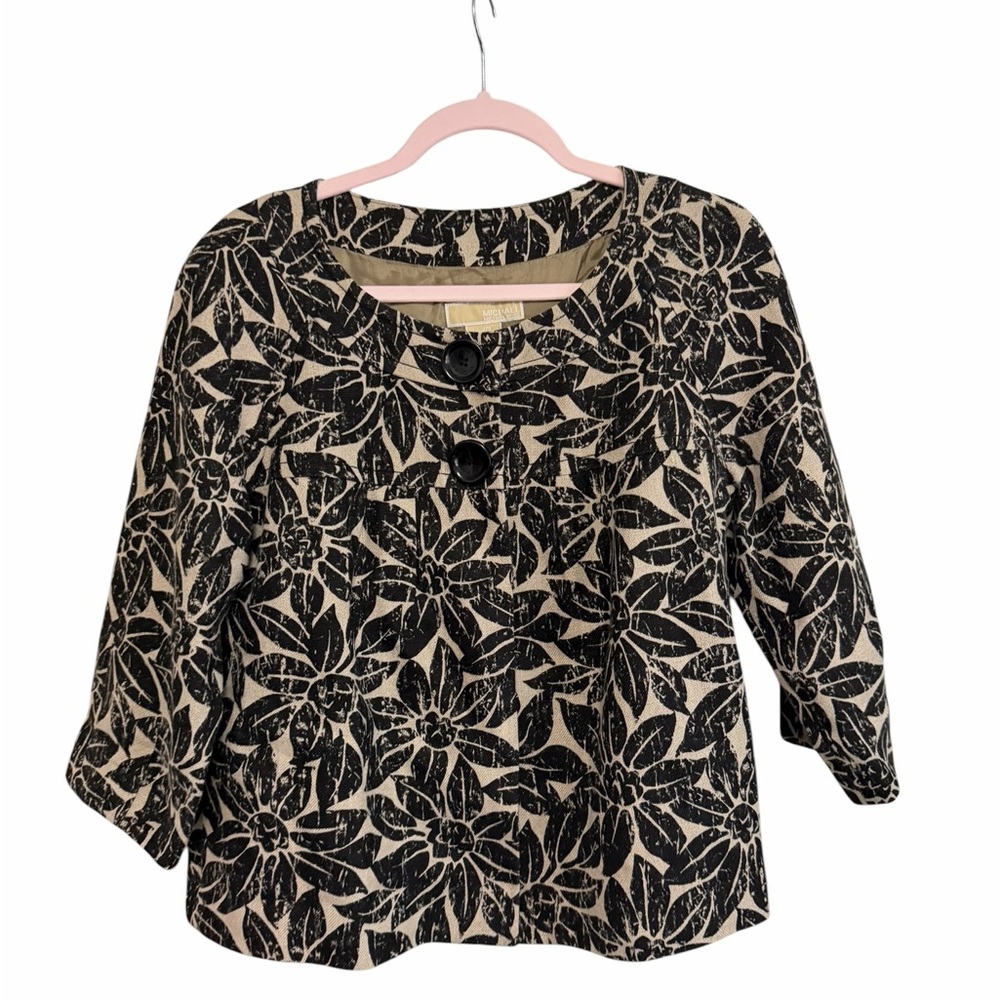 Michael Kors Black Beige Floral Jacquard Jacket Coat Lined Size Large